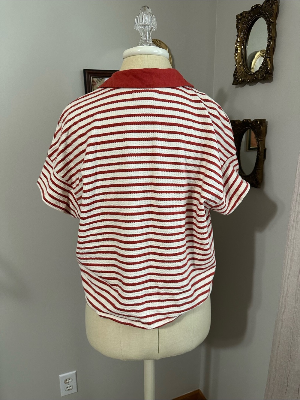 Madewell Red and Cream Striped V-Neck Polo - Picture 6 of 7
